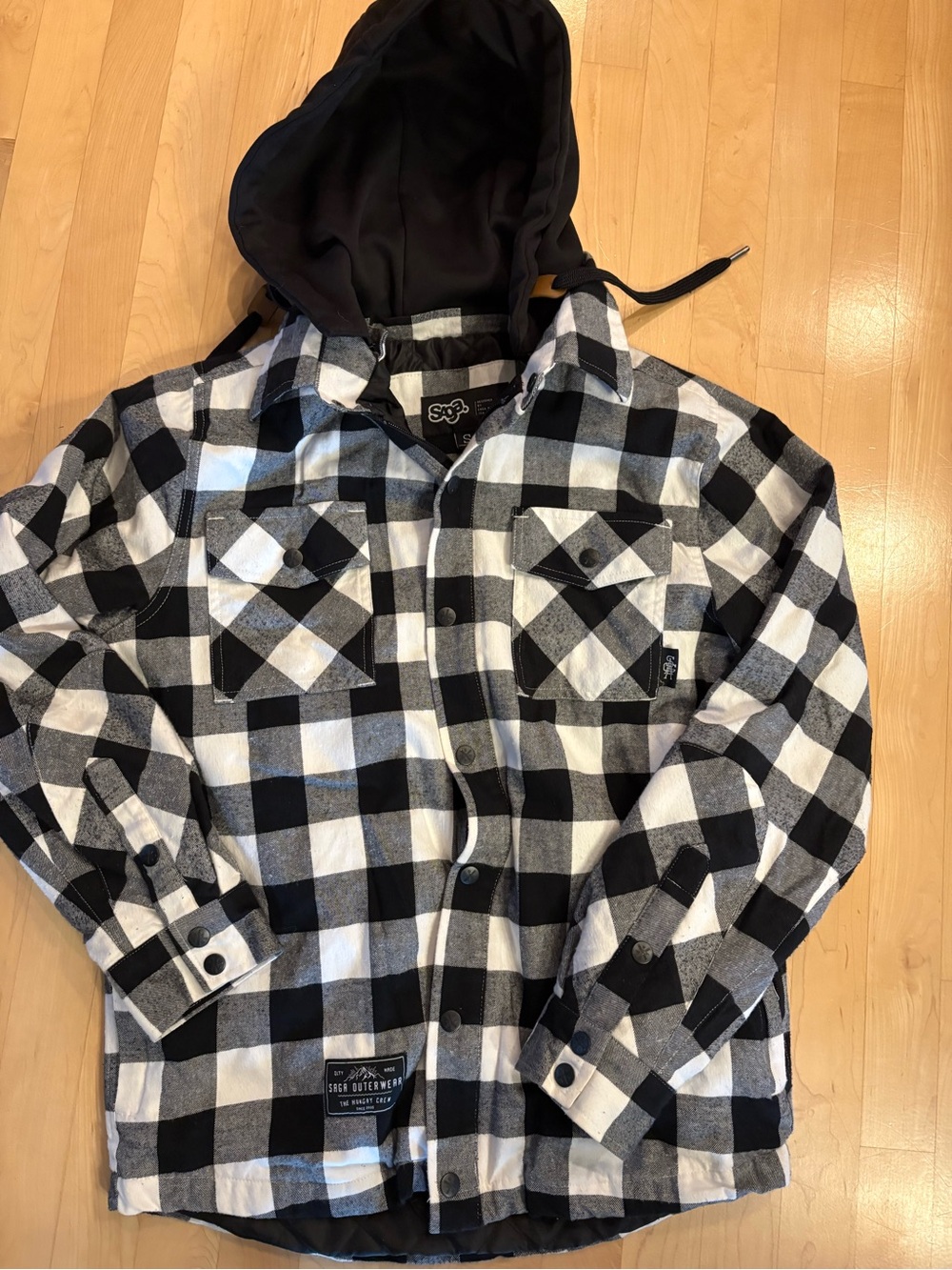 Saga Insulated Riding Flannel Jacket Black & White Plaid with Hood